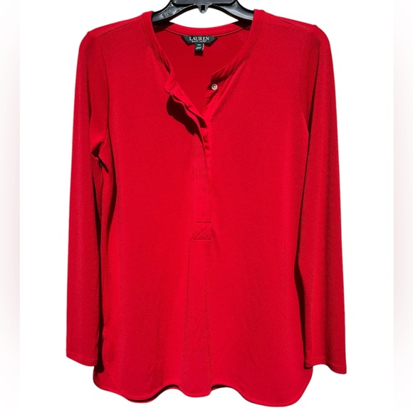 RALPH LAUREN Red Henley Blouse Womens MP Button Long Sleeve Stretch Shirt Tunic - Picture 2 of 5